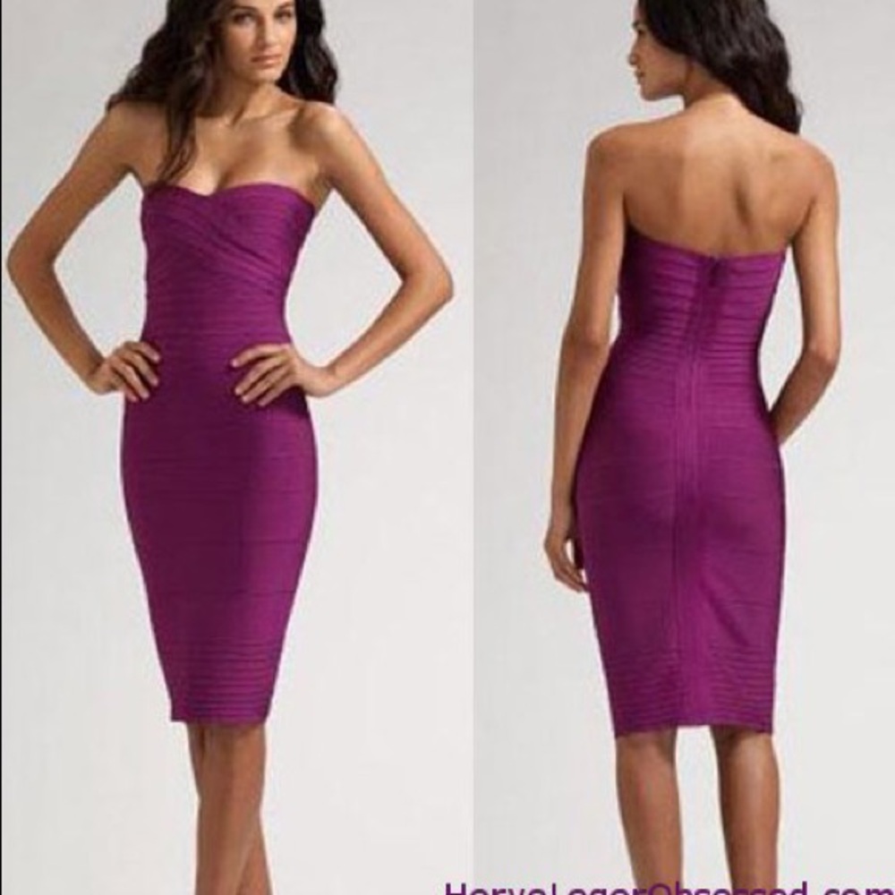 Herve Leger purple strapless bodycon dress